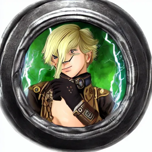 Prompt: A blonde boy wearing steampunk wristband that launches out a grapple using steam canisters, epic fantasy art style HD, SHINZOU WO SASAGEYO