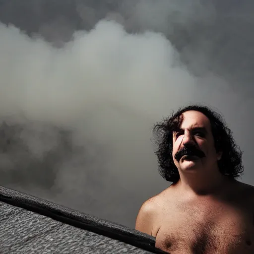 Image similar to Ron Jeremy on top of a roof exhaling smoke, moody, atmospheric