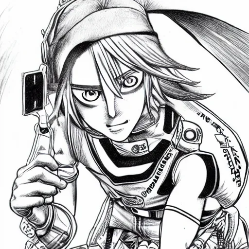 Prompt: Johnny Joestar from JoJo's Bizarre Adventure shooting the infinite spin at Funny Valentine, drawn by Murata, manga