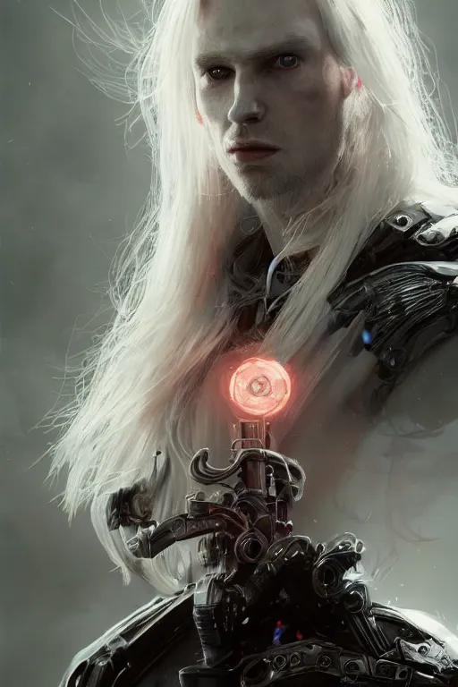 Prompt: a fancy portrait of a male cyborg with long white hair and pale skin with joints still visible by greg rutkowski, sung choi, mitchell mohrhauser, maciej kuciara, johnson ting, maxim verehin, peter konig, bloodborne, 8 k photorealistic, cinematic lighting, hd, high details, dramatic, dark atmosphere, trending on artstation