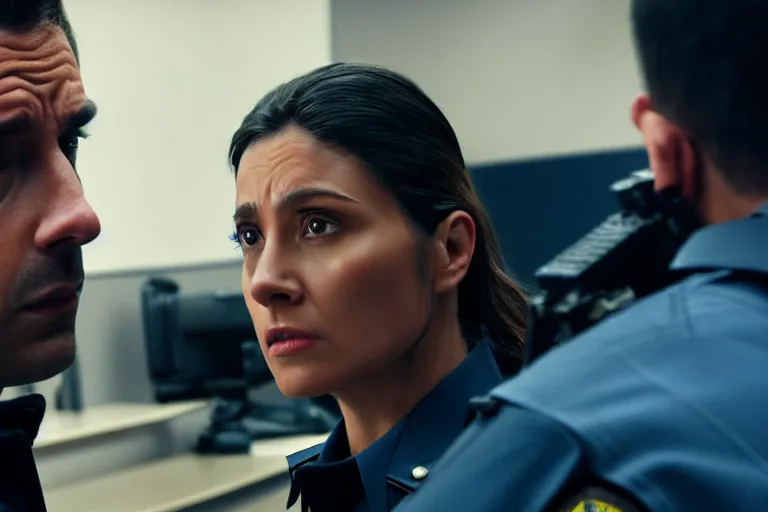 Image similar to vfx film closeup, police detective couple arguing in police precinct, over the shoulder shot, flat color profile low - key lighting award winning photography arri alexa cinematography, hyper real photorealistic cinematic beautiful natural skin, famous face, atmospheric cool colorgrade