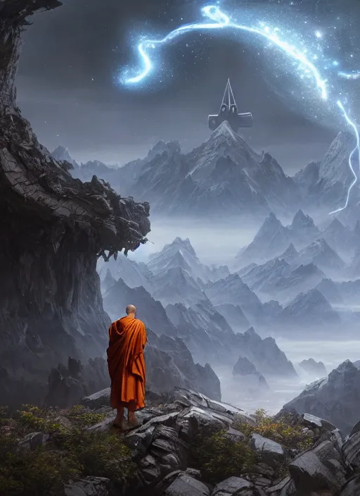 Prompt: a cosmic monk in lord of the rings scenery landscape, looking at a huge futuristic spacecraft hovering in the sky, highly detailed, vivid color, cinematic lighting, perfect composition, 8 k, gustave dore, derek zabrocki, greg rutkowski, belsinski, octane render