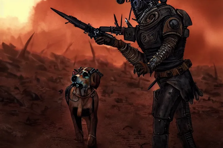 Image similar to a hound dog fursona ( from the furry fandom ), heavily armed and armored facing down armageddon in a dark and gritty version from the makers of mad max : fury road. witness me.