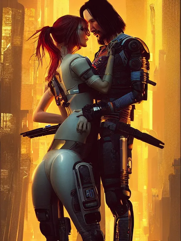 Image similar to a cyberpunk 2077 couple portrait of Keanu Reeves&female android in final kiss,love,film lighting,by Laurie Greasley,Lawrence Alma-Tadema,Dan Mumford,artstation,deviantart,FAN ART,full of color,Digital painting,face enhance,highly detailed,8K,octane,golden ratio,cinematic lighting