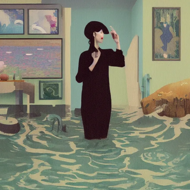 Image similar to tall female emo artist in her flooded kitchen, water gushing from ceiling, painting of flood waters inside an artist's home, a river flooding indoors, pomegranates, pigs, ikebana, zen, water, octopus, river, rapids, waterfall, black swans, canoe, berries, acrylic on canvas, surrealist, by magritte and monet