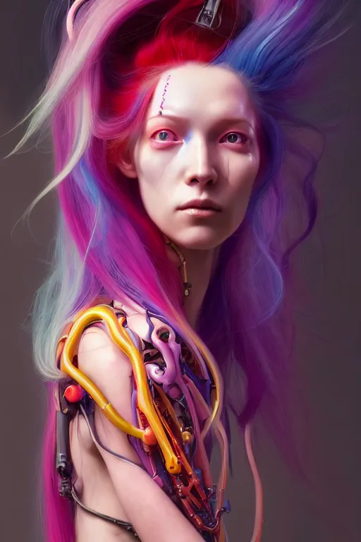 Image similar to a portrait of a beautiful young 28th century super cool post-human female wiht long colorful hair, barely human and largely biomechanical machine, hyper-realistic cyberpunk style, designs by Peter Mohrbacher Takayuki Takeya moody, face by Yanjun Cheng, Irakli Nadar, models by 500px, dramatic cinematic lighting rendered by octane, 8k, detailed, intricate, clean and textures, trending on artstation, deviantart google images, pinterest