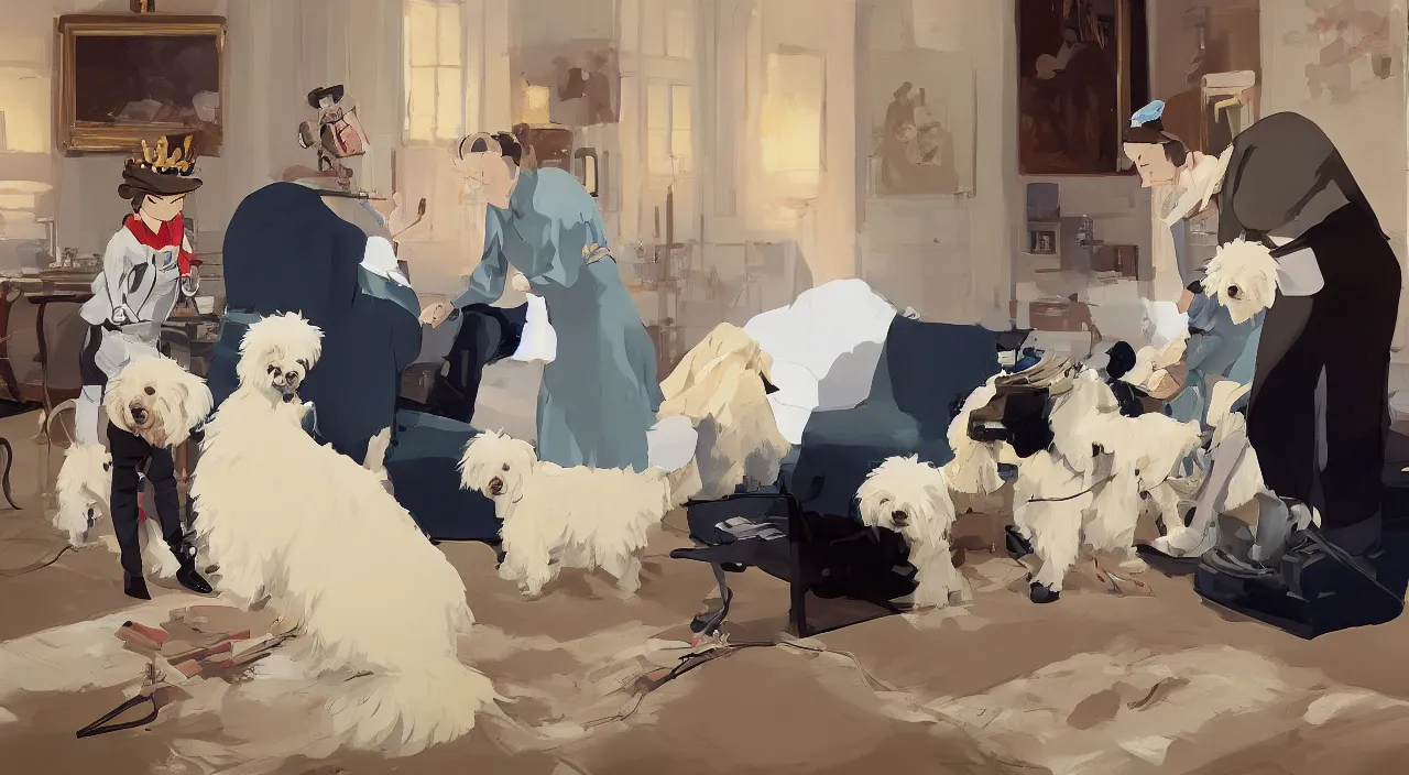 Image similar to queen of england placing the victoria cross around the neck of a cream - colored havanese dog, england, 1 9 0 0, tartakovsky, atey ghailan, goro fujita, studio ghibli, rim light, happy, warm lighting, clear focus, very coherent