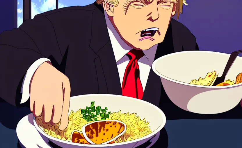 Image similar to beautiful makoto shinkai anime style digital film still portrait of donald trump eating a taco bowl, 4 k, 8 k, hd, high resolution, highly detailed, intricate detail, ultra realistic faces, digital art, trending on artstation, your name, weathering with you