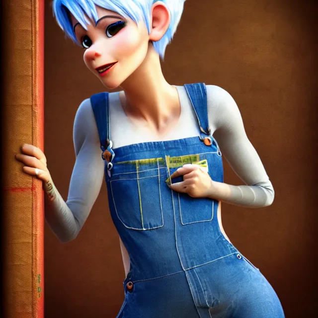 Image similar to full body pose, beautiful adult fairy, pixar, short white hair shaved sides, dirty, grungy, grunge, long sleeve, painted overalls, stacks of giant books, highly detailed, 4 k, hdr, smooth, sharp focus, high resolution, award - winning photo, artgerm, photorealistic