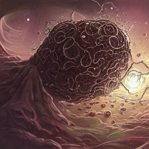 Prompt: yog sothoth devouring a spaceship, concept art, scary, cosmic horror, lovecraftian, deep space