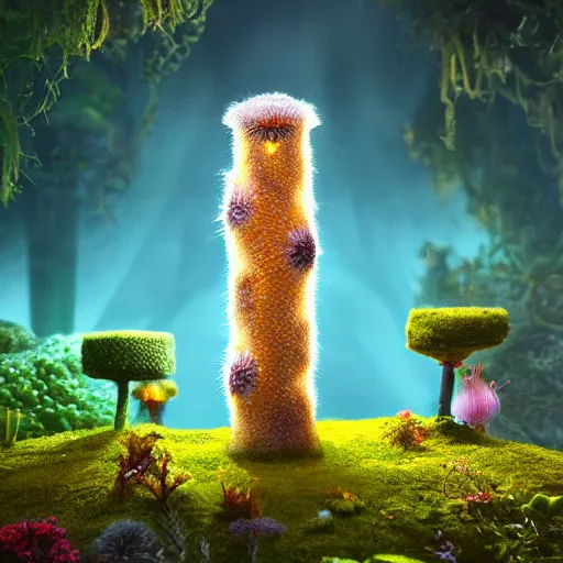 Prompt: tiny fur tower, vegetation, expressive eyes, floating, rbc, radiolaria, protophyta, micro - organisms, center frame, symmetric, rim light, marine microbiology, bioluminescence, electric, fur, soft, concept art, intricate details, highly detailed, colorful, photorealistic, disney pixar, octane render, iridescent, anime, 8 k