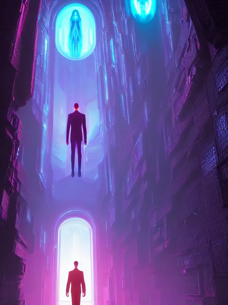 Prompt: entrance to ethereal realm, matrix sentient, rendered in unreal engine, central composition, symmetrical composition, dreamy colorful cyberpunk colors, 6 point perspective, fantasy landscape with anthropomorphic!!! terrain!!! in the styles of igor morski, jim warren and rob gonsalves, intricate, hyperrealistic, volumetric lighting, neon ambiance, distinct horizon