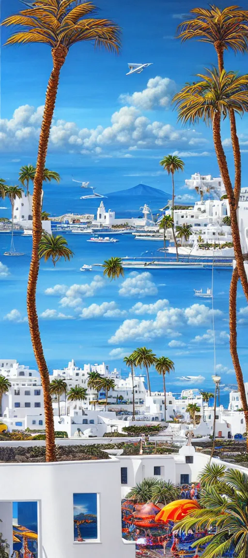 Prompt: hyperrealistic painting of lanzarote, mechanical designs, white houses and palms, boats, airplanes, technological, detailed engineering, vivid color, elegant, meticulous, cinematic, cyberpunk style, highly detailed, realism, intricate, acrylic on canvas, 8 k resolution, concept art, by noriyoshi ohrai, francesco di giorgio martini