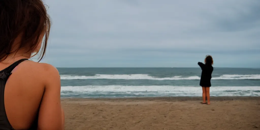 Prompt: girl looking at the ocean waves, superwide angle, zoom out, Leon Bosko style