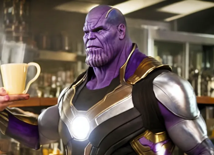 Image similar to film still of Thanos as a barista in Avengers Infinity War, 4k