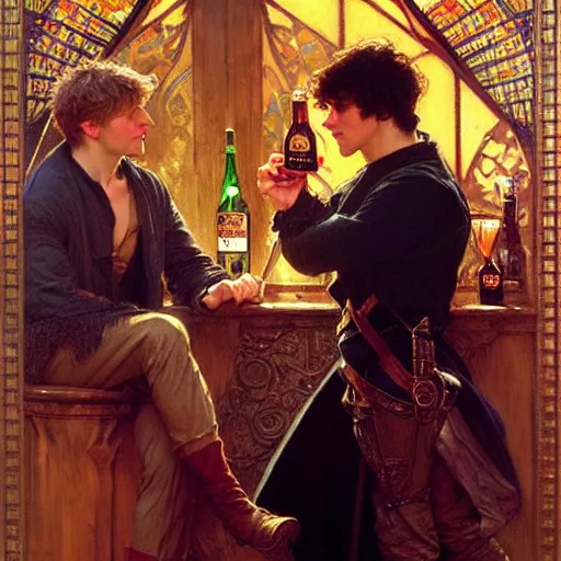 Prompt: attractive arthur pendragon and merlin go to a pub together to have some drinks. highly detailed painting by gaston bussiere, craig mullins, j. c. leyendecker, alphonse mucha 8 k