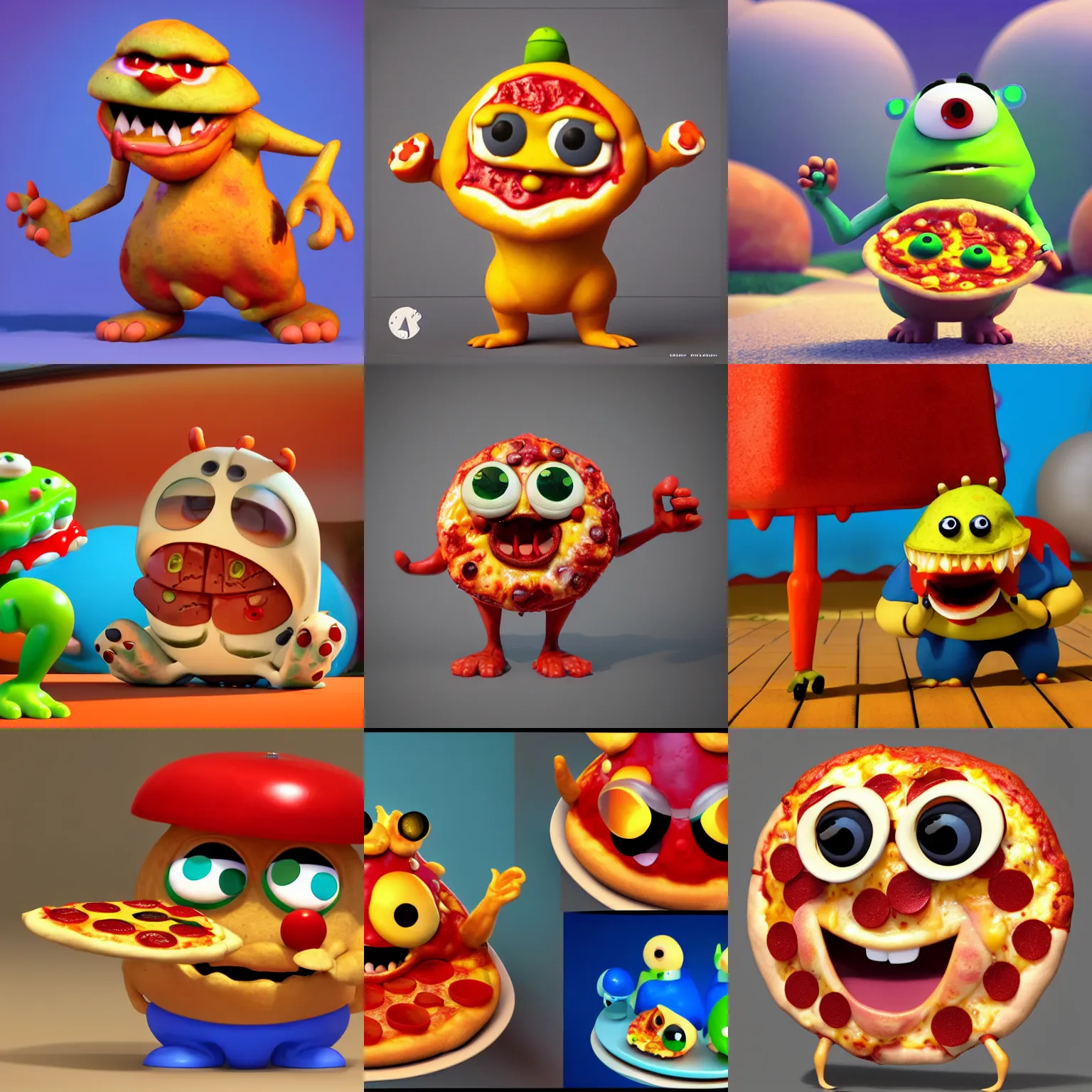 Prompt: cute pizza monster, in the style of pixar, 3 d character, renderman, raytracing, movie poster