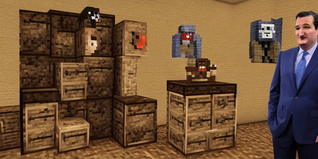 Image similar to ted cruz in a minecraft house standing next to a chest