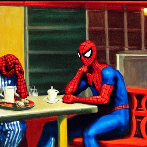 Image similar to spiderman sitting down in a diner. Painted oil on canvas. In the style of Nighthawks 1942 Painting by Edward Hopper