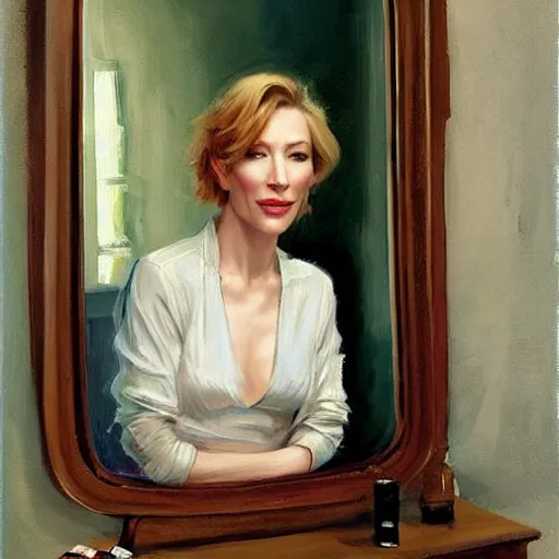 Image similar to cate blanchett in low-cut blouse in front of a mirror, painting by Vladimir Volegov