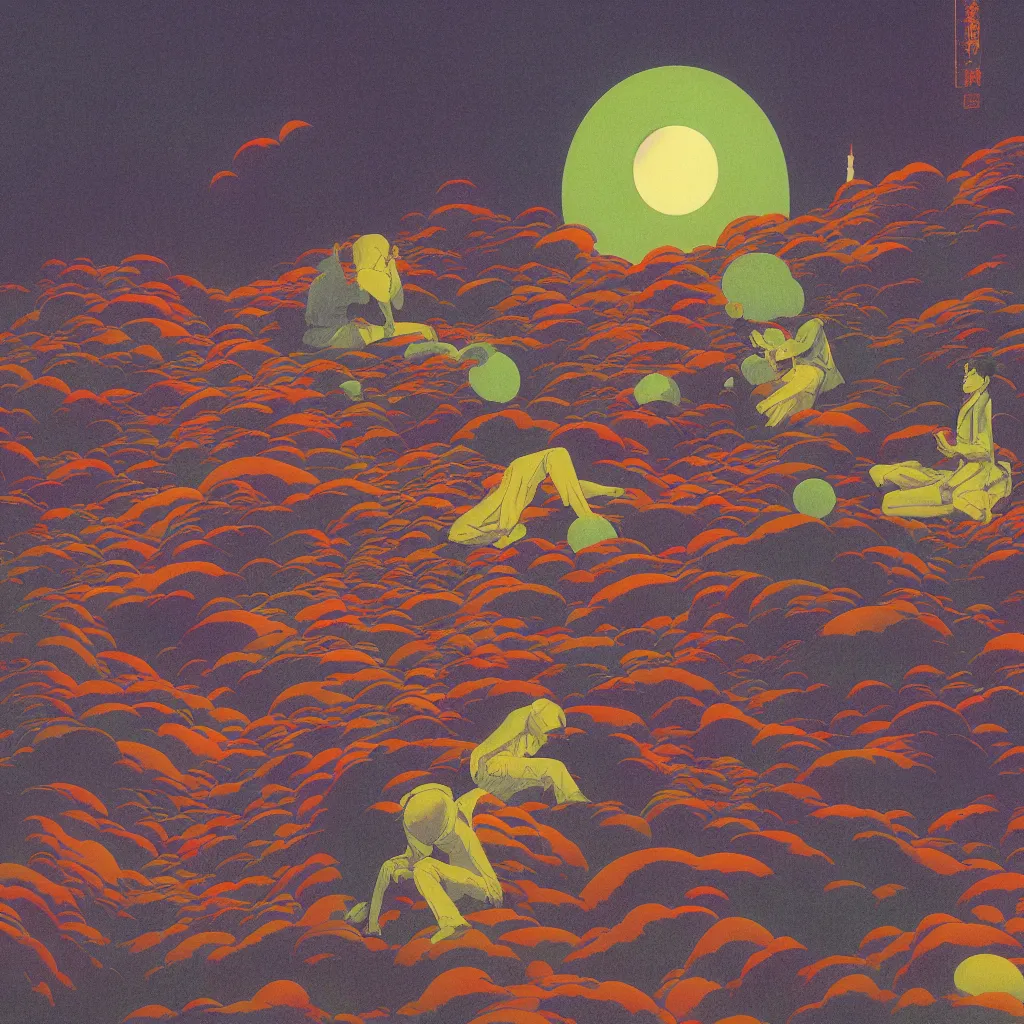 Image similar to a paper blotter tab of LSD acid melting into a surreal psychedelic hallucination, screenprint by kawase hasui, moebius, Edward Hopper and James Gilleard, Zdzislaw Beksinski, Steven Outram colorful flat surreal design, hd, 8k, artstation