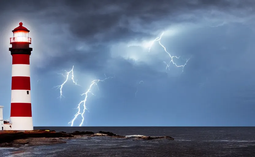 Image similar to a movie still of a lighthouse with a thunderstorm, highly detailed, 8 k