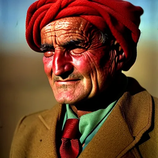 Image similar to portrait of president lyndon b johnson as afghan man, green eyes and red scarf looking intently, photograph by steve mccurry