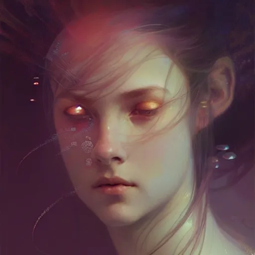 Image similar to Portrait of a girl underwater surrounded by light rays, face, fantasy, intricate, elegant, highly detailed, digital painting, artstation, concept art, smooth, sharp focus, illustration, art by Krenz Cushart and Artem Demura and alphonse mucha