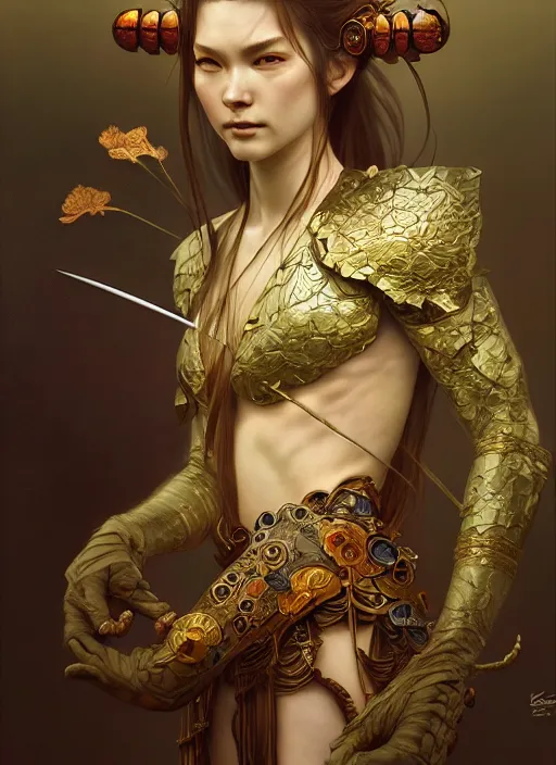 Image similar to organic samurai, diffuse lighting, fantasy, intricate, elegant, highly detailed, lifelike, photorealistic, digital painting, artstation, illustration, concept art, smooth, sharp focus, art by John Collier and Albert Aublet and Krenz Cushart and Artem Demura and Alphonse Mucha