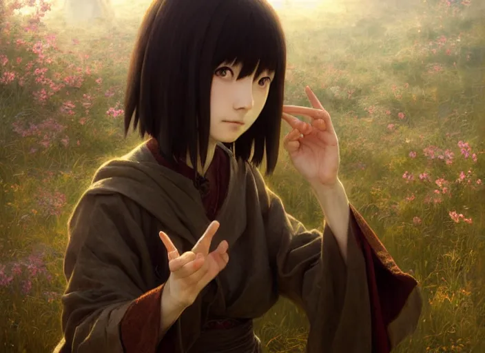 Image similar to lain iwakura from serial experiments lain as medieval peasant in spring wonderful masterpiece highly detailed scifi, beautiful cinematic light deep focus, elegant, digital painting, smooth, sharp focus, golden ratio, dramatic illumination, ultra realistic, 4 k, art by greg rutkowski wlop rossdraws detailed fingers
