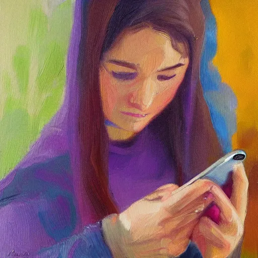 Image similar to a vivid impressionistic painting of a bored woman, she is holding a smartphone, oil on canvas, trending on artstation