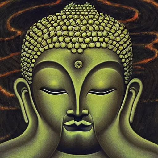 Prompt: the buddha recursively folding in on itself by “alex gray”