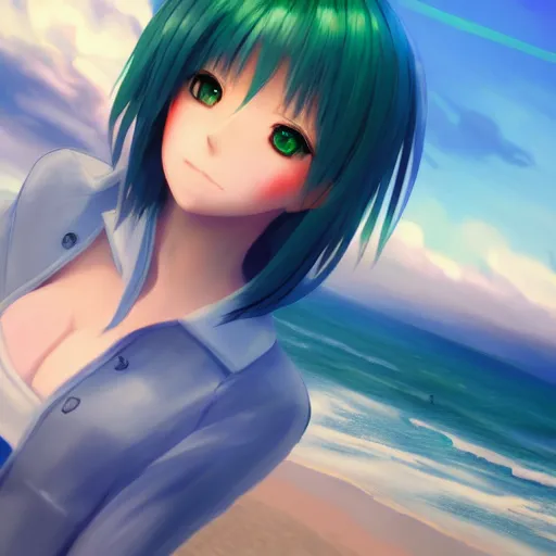 Prompt: render as a very beautiful 3d anime girl, short green hair, azure blue eyes, full round face, short smile, casual clothes, serene beach setting, cinematic lightning, medium shot, mid-shot, highly detailed, trending on Artstation, Unreal Engine 4k, cinematic wallpaper