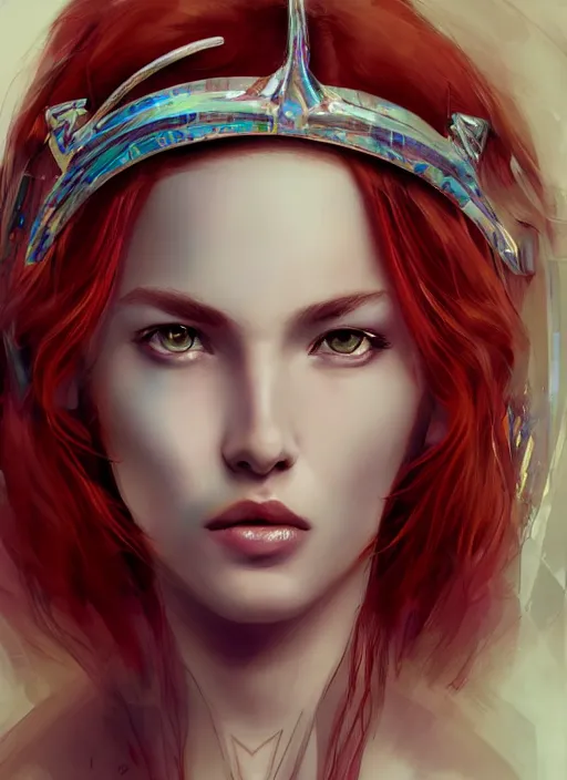 Prompt: sketch of cute beautiful red haired smirking super model as futuristic aphrodite greek goddess wearing a holographic headdress, beautiful piercing gaze with sharp pupils, sexy, in the style of greg rutkowski, fantasy, amazing detail, epic, elegant, smooth, sharp focus, front view