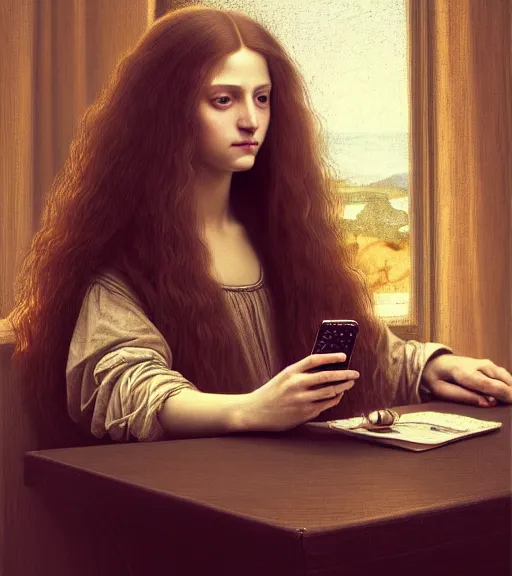 Prompt: portrait of a long - haired woman with a cellphone sitting upon a table with heightened detail, poised, intense emotion, detailed facial expression, detailed surroundings, intricate, elegant, highly detailed, centered, digital painting, artstation, concept art, smooth, sharp focus, illustration, by ( leonardo da vinci ), wlop