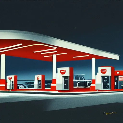 Image similar to a digital rendering of a gas station at night by george ault, retrofuturism, concept art, matte drawing, reimagined by industrial light and magic