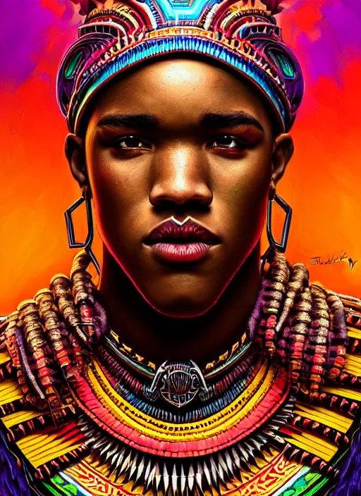 Image similar to portrait of jessie usher, hyper detailed ultra sharp aztec shaman warrior. trending on artstation, warpaint aesthetic, bloodwave, colorful, psychedelic, ornate, intricate, digital painting, concept art, smooth, sharp focus, illustration, art by artgerm and greg rutkowski and h. r. giger, 8 k