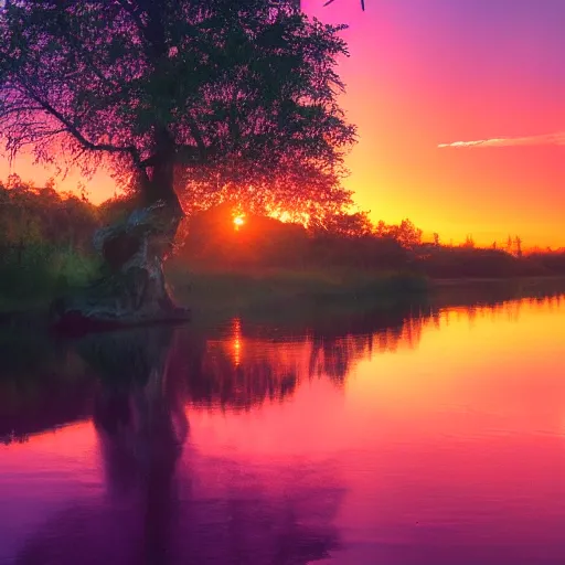 Prompt: a tree in a river, sunset, retrowave