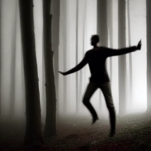 Prompt: a smudged, scratched, grainy and blurry photograph showing the whole body of a young tall man dynamically and frenetically dancing in the dark forest. it's a wild and unpredictable dance. in the foggy woods, night time, long exposure, atmospheric lighting, rim light