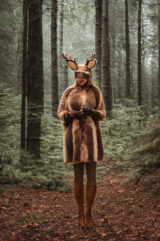 Image similar to photo of a woman in a realistic deer costume, in the morning, in a forest, fog, ambient light