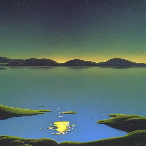 Prompt: night sky reflected in the water, landscape painting by maxfield - parrish