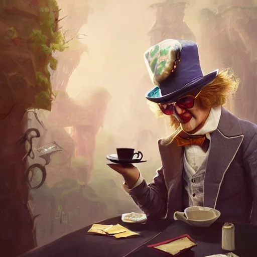 Image similar to the mad hatter, wearing shades, drinking tea, by Viktor Antonov,, greg rutkowski, fantasy, D&D, trending on artstation, smooth, sharp focus