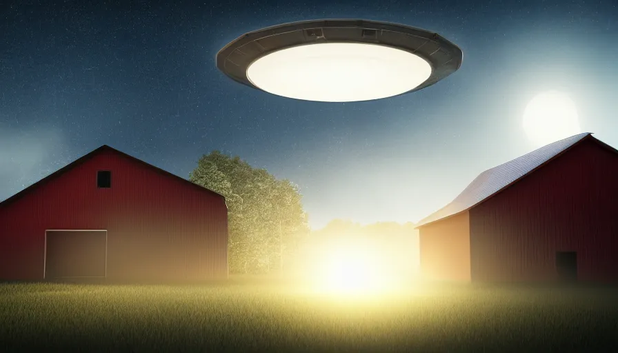 Image similar to a ufo floats over a barn with a broken roof, debris is ascending toward the ufo, volumetric lighting, night, photorealistic rendering, color palette, 8 k