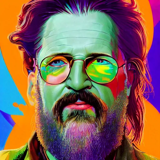 Image similar to a colorful closeup portrait of the dude from the big lebowski. he holds all the wisdom of the world in his eyes. dreamy vibes floating head and dreaming psychedelic hair. halo behind his head. trending on artstation. by peter mohrbacher and moebius and alex ross. intricate detail. hyperrealistic. photorealism. 8 k. flat design