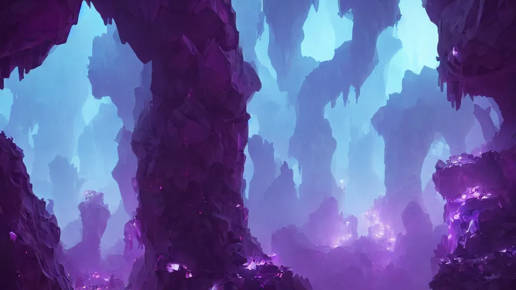 Image similar to a dark cave illuminated by large glowing violet crystal shards and veins, glowing!, foggy, by sylvain sarrailh, rossdraws, ambient light, ultra detailed, fantasy artwork, 8 k, volumetric lighting, trending on artstation, award winning, beautiful scenery, very very very very very very very beautiful.