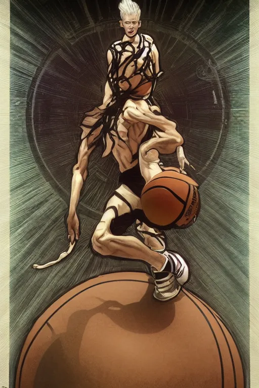 Prompt: basketball! monster!, surreal 4k HD digital full body portrait of humanoid basketball, white hair mohawk, black paper, b-ball! monster, arms and legs on spherical humanoid creature!, by Alphonse Mucha, Craig Mullins, Marc Simonetti, Artstation