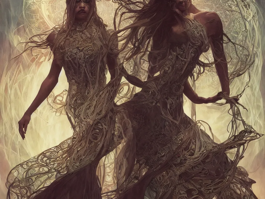 Prompt: ultra realistic tarot photoreal poster cj miles as a cyber shamanic witch casting am eldritch wizard spell, intricate, elegant, highly detailed, digital painting, artstation, concept art, smooth, sharp focus, illustration, art by artgerm and greg rutkowski and alphonse mucha