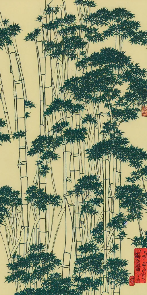 Image similar to a minimalist picture of a beautiful and magical bamboo forest landscape, by hokusai