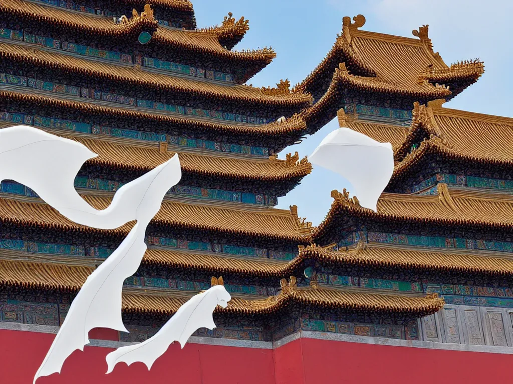 Image similar to a white dragon hovering in the sky of the forbidden city