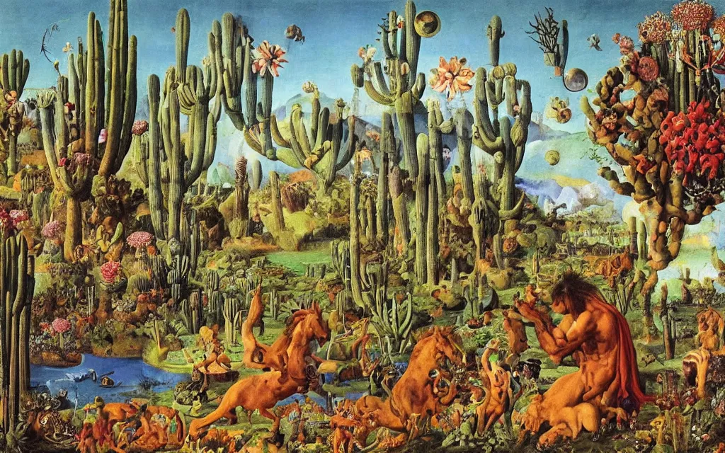 Prompt: landscape with a meditating centaur shaman and a striped werewolf feeding animals. surrounded by bulbous flowers, animals and a few trees and cacti. river delta with cliffs under a blue sky of burning stars. painted by jan van eyck, max ernst, ernst haeckel, ernst fuchs and artgerm, trending on cgsociety, gouache